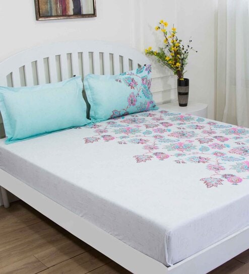 Green Floral 144 TC Cotton Queen Sized Bed Sheets with 2 Pillow Covers by GM Fabrics