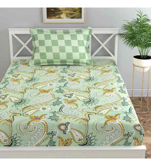 Green Floral 144 TC Cotton Single Bed Sheet Bedsheet 1 Pillow Prime Collection