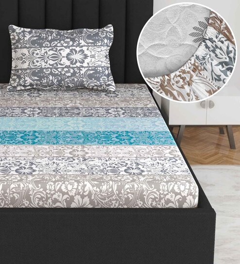 Grey Floral 144 TC Cotton Single Fitted Bedsheet With 1 Pillow Cover