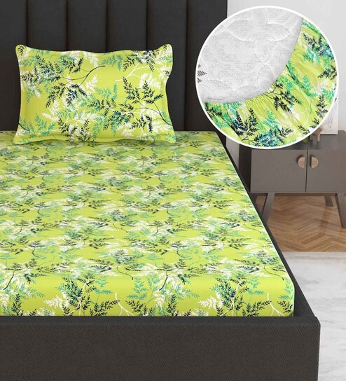 Green Floral 144 TC Cotton Single Fitted Bedsheet With 1 Pillow Cover