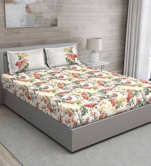 Green Floral 150 TC Cotton Queen Sized Bed Sheets with 2 Pillow Covers by GM Fabrics