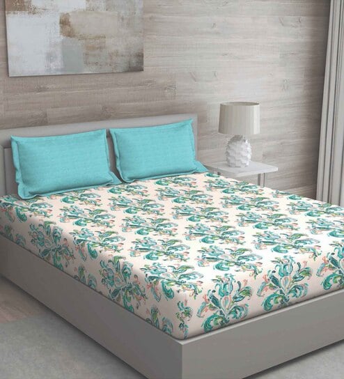 Green Floral 150 TC Cotton Queen Sized Bed Sheets with 2 Pillow Covers by GM Fabrics