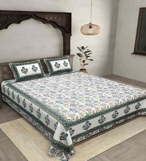 Green Floral 180 TC Cotton  King Sized Bedsheet with 2 Pillow Covers