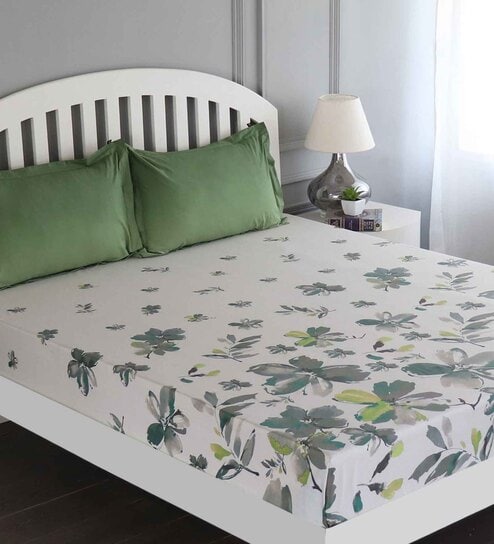 Green Floral 180 TC Cotton King Sized Bed Sheets with 2 Pillow Covers by GM Fabrics