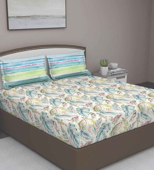Green Floral 180 TC Cotton Queen Sized Bed Sheets with 2 Pillow Covers by GM Fabrics