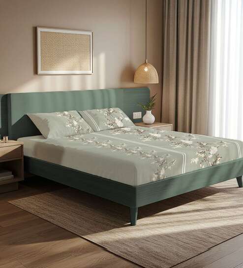 Green Floral 200 TC Microfiber King Sized Bedsheet with 2 Pillow Covers