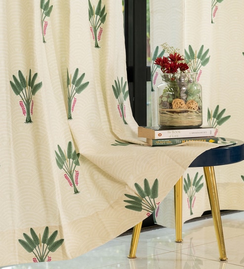 Green Cotton Floral 7 Ft Eyelet Door Curtains (Set Of 2)