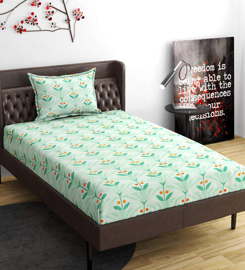 Green Floral 280 TC Microfibre Fitted Single Bedsheet 1 Pillow Cover