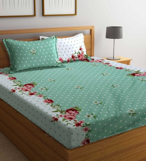 Green Floral 300 TC Cotton Blend Queen Sized Bed Sheets with 2 Pillow Covers