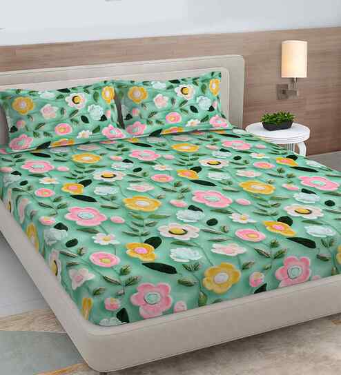 fabinaliv Green Floral 300 TC Cotton Blend 7D King Size Fitted Double Bedsheet with 2 Pillow Covers-picture-12