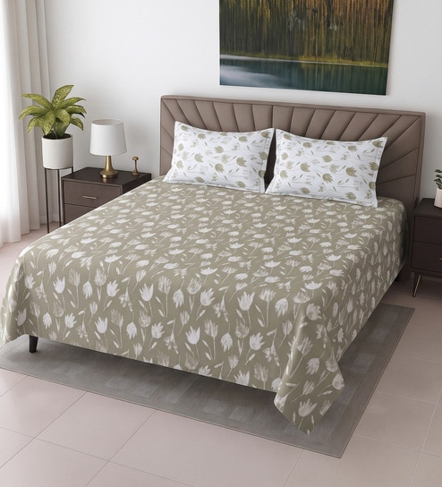 Green Floral 400 TC Cotton Super King Bedsheet with 2 Pillow Covers Luxury Series Collection