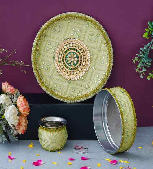 Green Floral Decorative Stainless Steel Karwa Chauth Thali Set with Plate Chalni Lota|Karva Chauth Pooja Thali