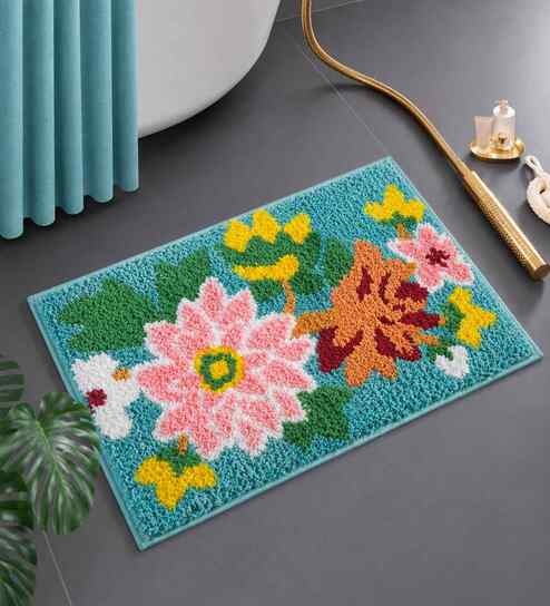 Green Floral Microfibre 24X16 Inches Anti-Skid Bath Mat