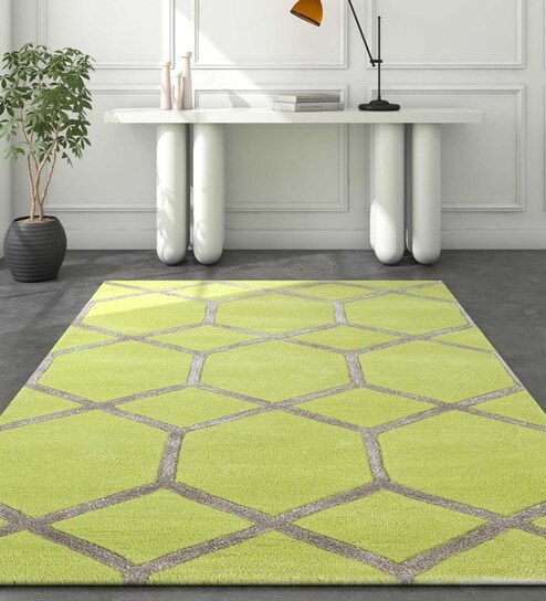 Green Geometrical Wool 3 ft X 5 ft Hand Tufted Carpet by Jaipur Rugs