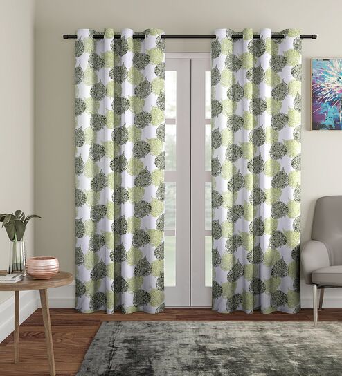 Green Floral Polyester 7Ft Semisheer Eyelet Door Curtains (Set Of 2)