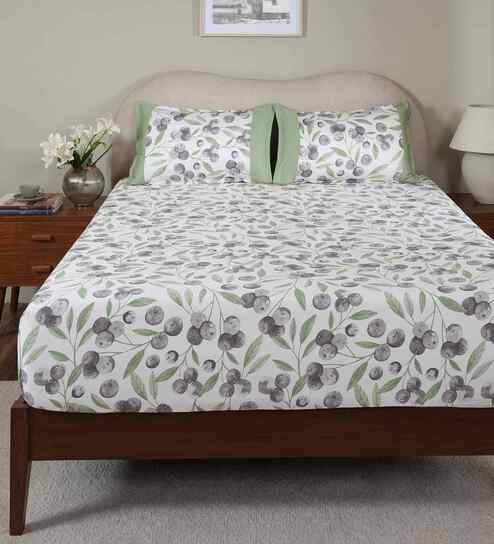 Green Fruit Print 200 TC Cotton Double Bed Fitted Sheet with 2 Pillow Case Sensory Bloom Collection