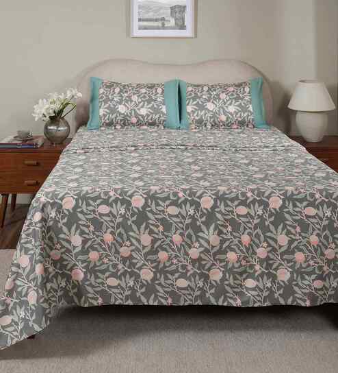 Green Fruit Print 200 TC Cotton Double Bed Sheet with 2 Pillow Covers Sensory Bloom Collection