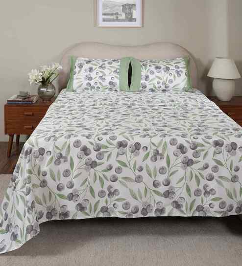 Green Fruit Print 200 TC Cotton Double Bed Sheet with 2 Pillow Covers Sensory Bloom Collection