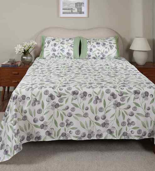 Green Fruit Print 200 TC Cotton King Size Bed Sheet with 2 Pillow Covers Sensory Bloom Collection