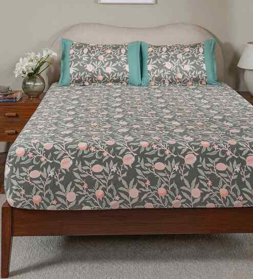 Green Fruit Print 200 TC Cotton Single Bed Fitted Sheet with 1 Pillow Cover Sensory Bloom Collection