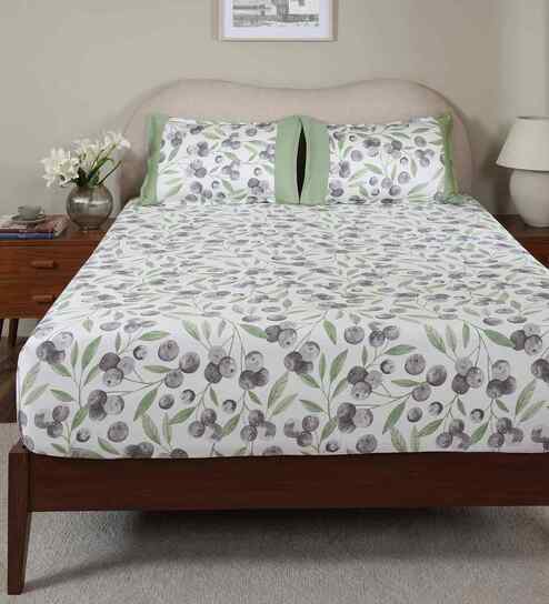 Green Fruit Print 200 TC Cotton Single Bed Fitted Sheet with 1 Pillow Cover Sensory Bloom Collection