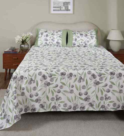Green Fruit Print 200 TC Cotton Single Bed Sheet with 1 Pillow Cover Sensory Bloom Collection
