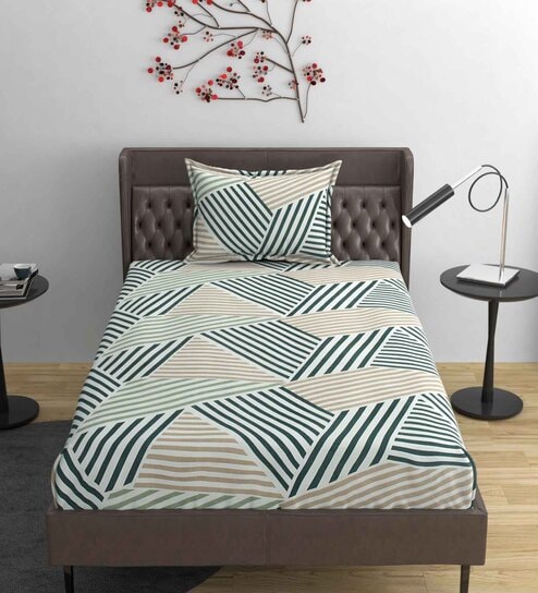 Green Geometric 220 TC Cotton Blend Fitted Single Sized Bedsheet With 1 Pillow Cover