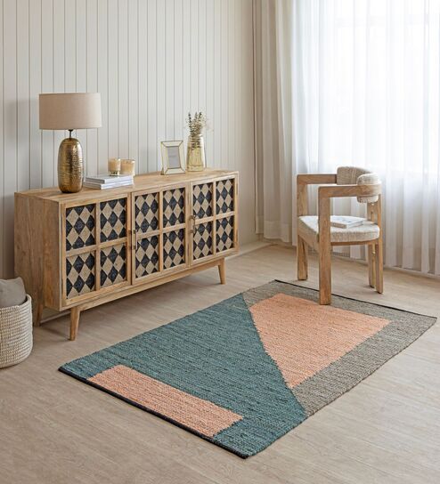 Green Geometric Hand Woven 6 Ft X 4 Ft  Dhurrie