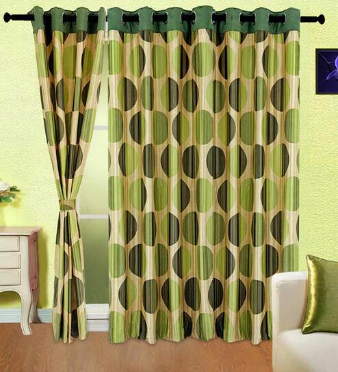 Green Geometric Polyester 5 Ft Semisheer Eyelet Door Curtains (Set of 2)