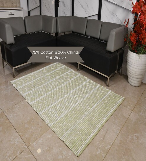 Green Geometrical Cotton Hand Woven Carpet-image-36