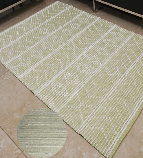 Green Geometrical Cotton Hand Woven Carpet
