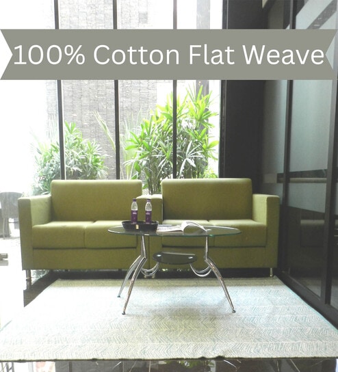Green Geometrical Cotton 8X5 Feet Hand Woven Carpet-image-42