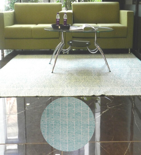 Green Geometrical Cotton 8X5 Feet Hand Woven Carpet
