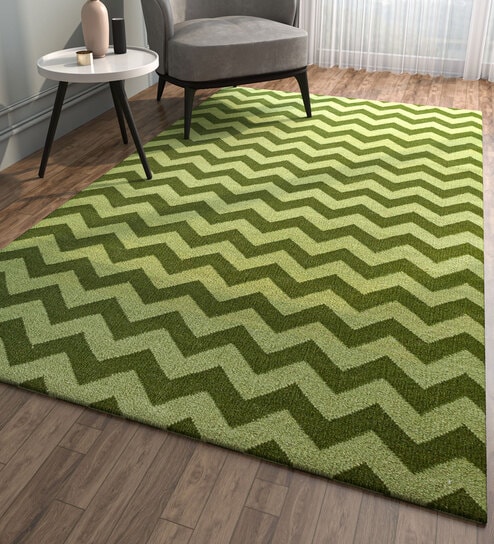 Green Geometrical Wool 5 ft X 8 ft Flat Weaves