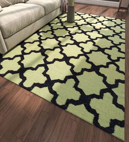 Green Geometrical Wool 5 ft X 8 ft Flat Weaves