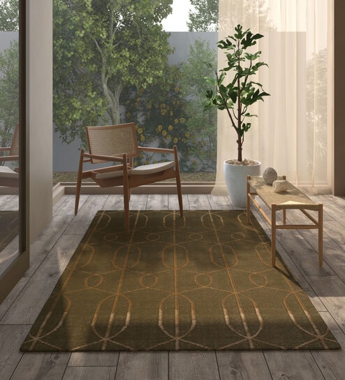 Green Geometrical Wool 5 ft X 8 ft Flat Weaves