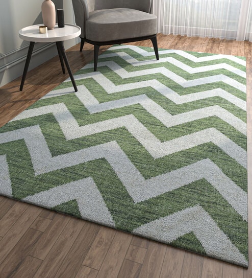 Green Geometrical Wool and Viscose 5'3 ft X 7'7 ft Flat Weaves