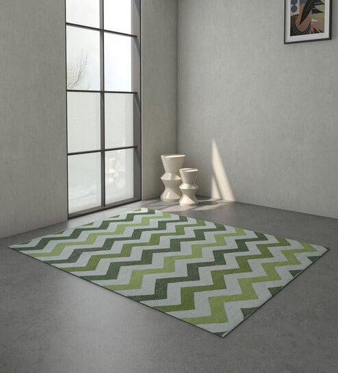 Green Geometrical Wool and Viscose 5 ft X 8 ft Rectangle Flat Weaves