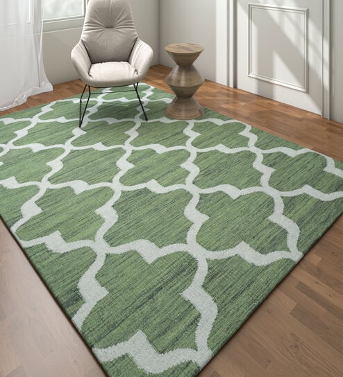 Green Geometrical Wool and Viscose 5 ft X 8 ft Flat Weaves