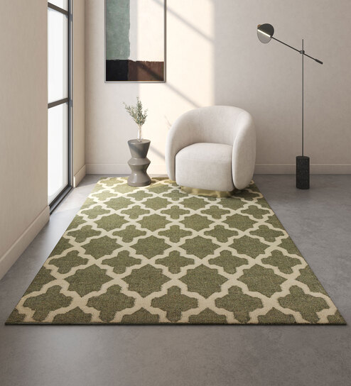 Green Geometrical Wool and Viscose 5 ft X 8 ft Flat Weaves