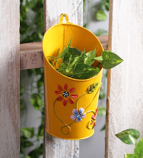Buy Half Moon Yellow Floral Printed Metal Pot Planter By Green Girgit Online Wall Planters Pots Planters Home Decor Pepperfry Product