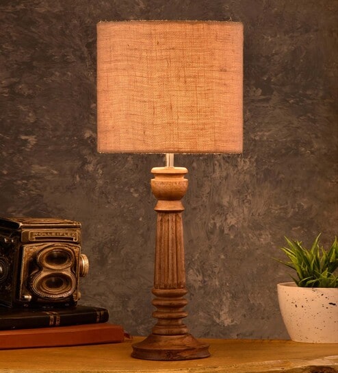 Green Girgit Pillar Brown Lamp With Brown Jute Shade by Green Girgit