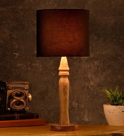 Green Girgit Round Brown Lamp With Black Cotton Shade by Green Girgit