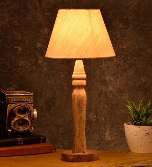 Green Girgit Round Brown Lamp With Taper Off White Cotton Shade by Green Girgit