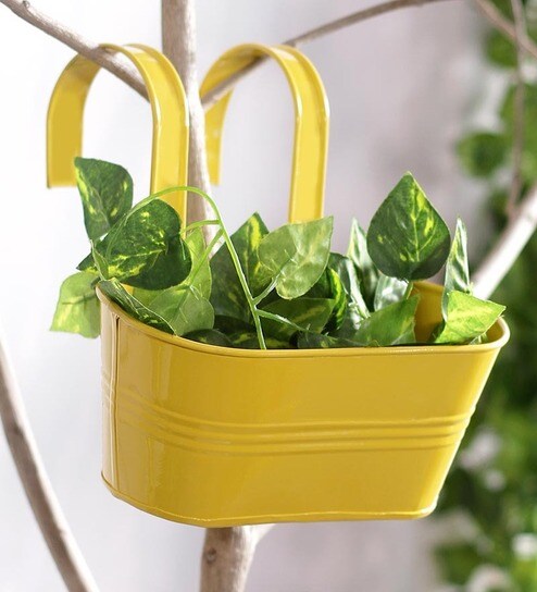 Yellow Metal Oval Metal Railing Planter by Green Girgit