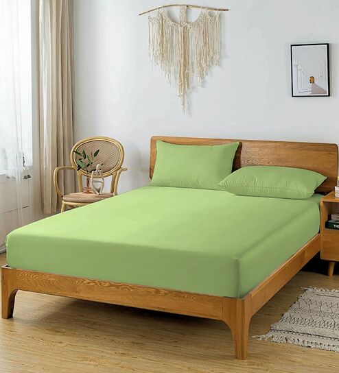 Green Glace Cotton Solid Elastic Fitted King Bedsheet With 2 Pillow Covers