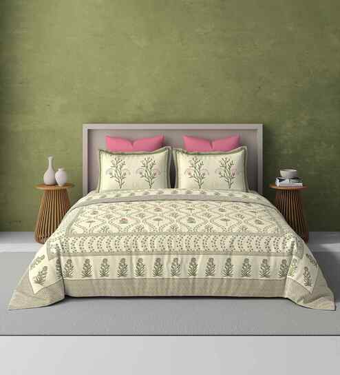 Green Jaipuri Blockprint 250 TC Pure Cotton King Sized Double Bedsheet with 2 Pillow Covers