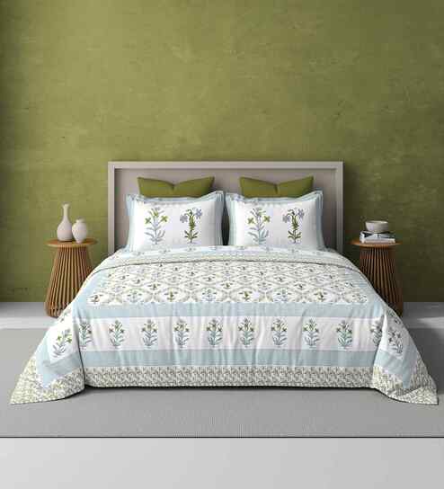Green Jaipuri Blockprint 250 TC Pure Cotton King Sized Double Bedsheet with 2 Pillow Covers