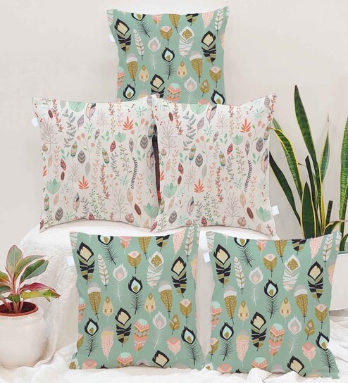 Green Jute Abstract 16x16 inches Cushion Covers (Pack of 5)