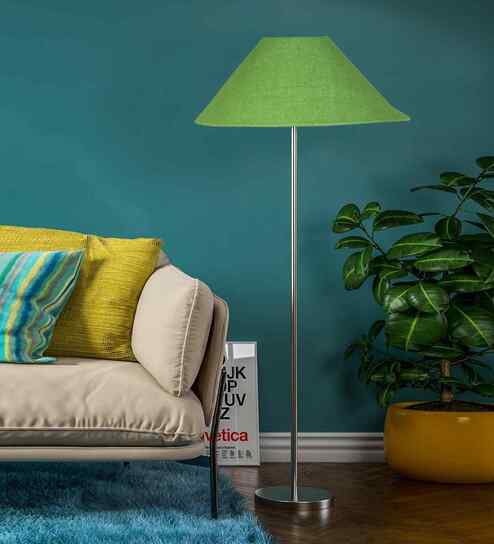 Green Jute Coolie Shade Floor Lamp Steel Base